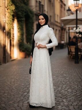 White Lace Maxi Dress – Elegant Full-Length Dress with Mandarin Collar, size M
